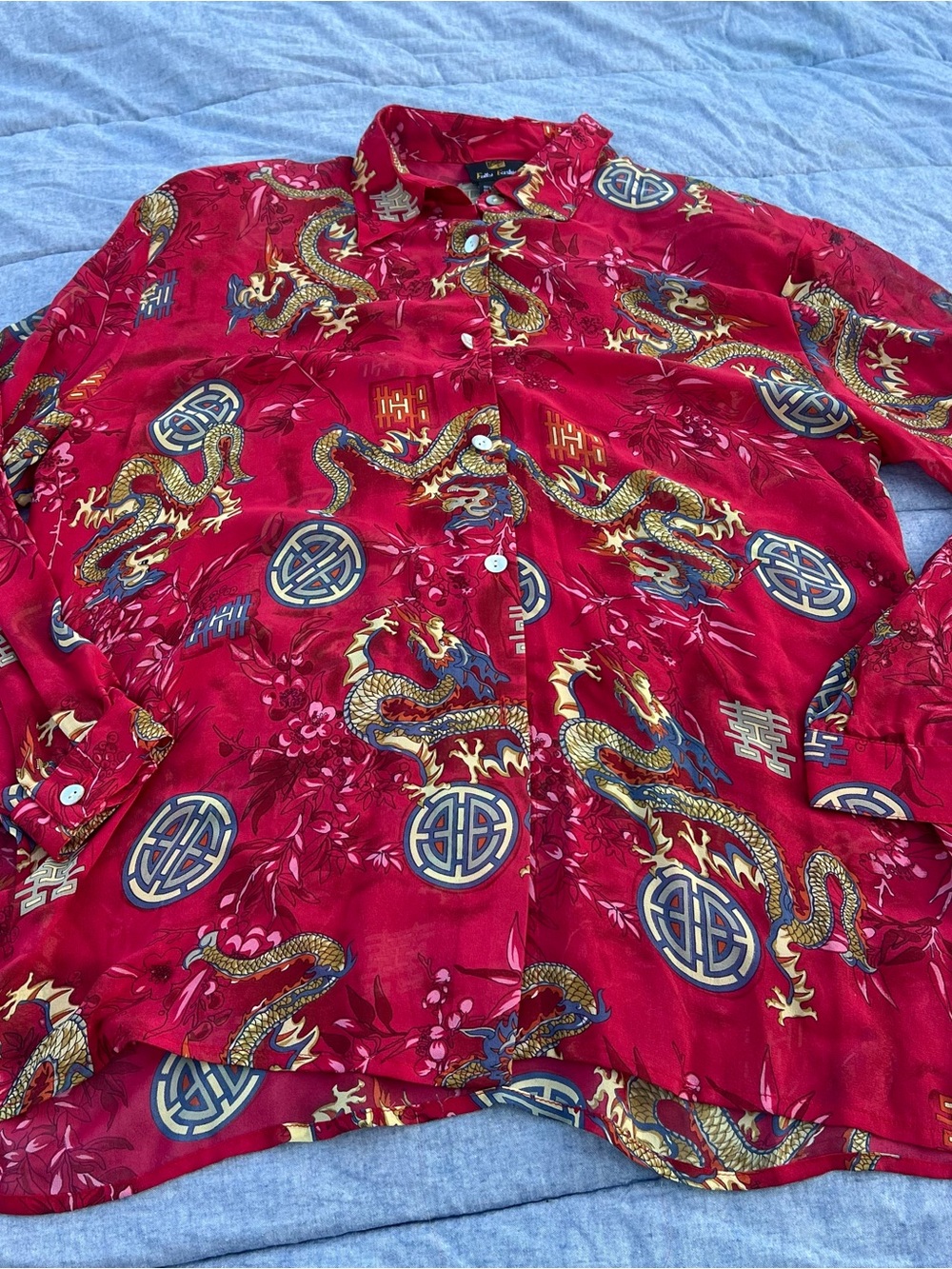 Vtg Asian Inspired Silk Dragon Medallion Print Silk Button Down Sheer Blouse